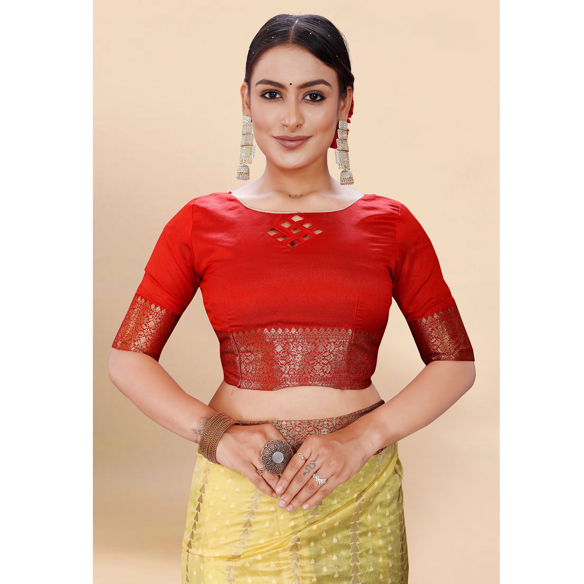 Yellow Woven Organza Saree With Tassels