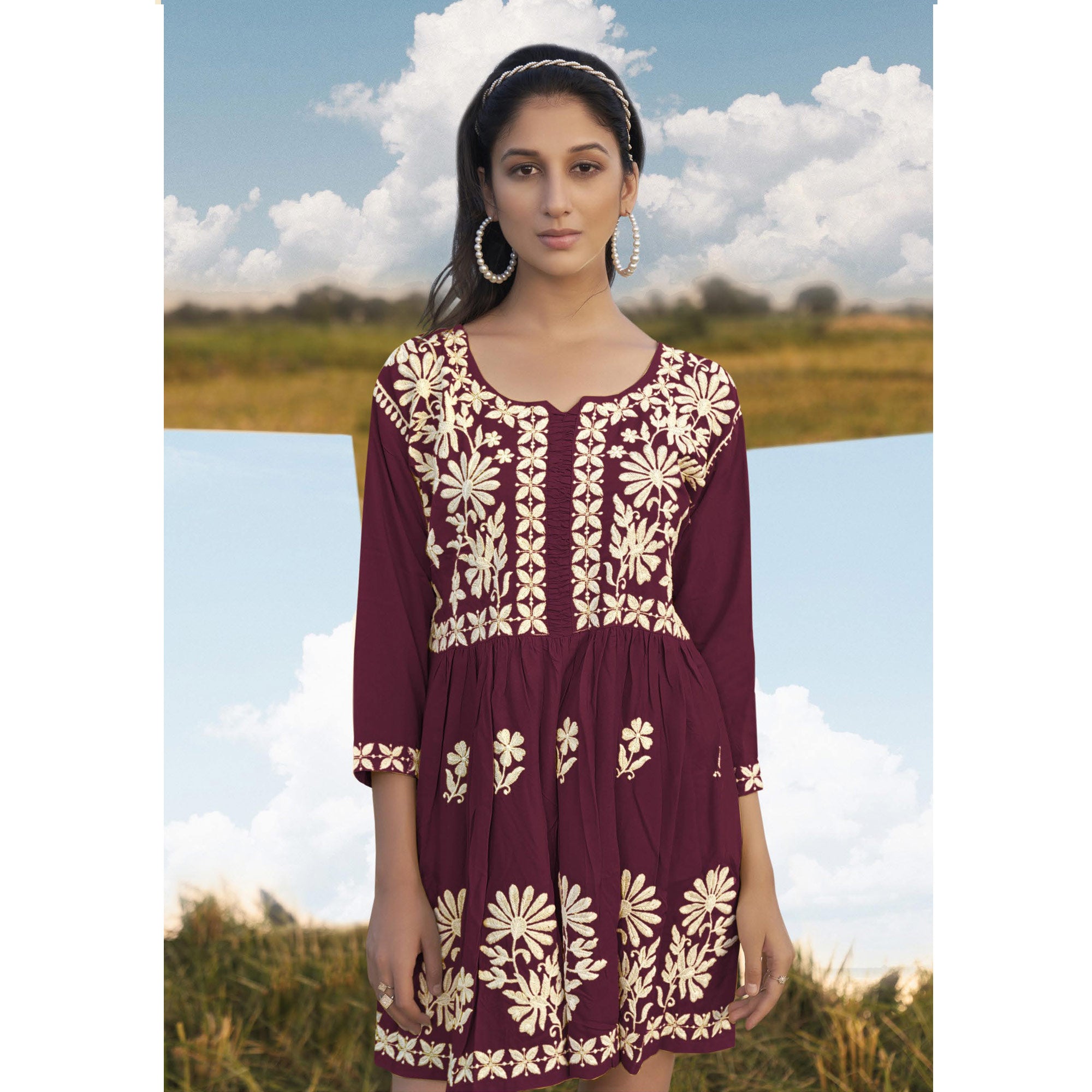 Wine Lucknowi Embroidered Rayon Tunic