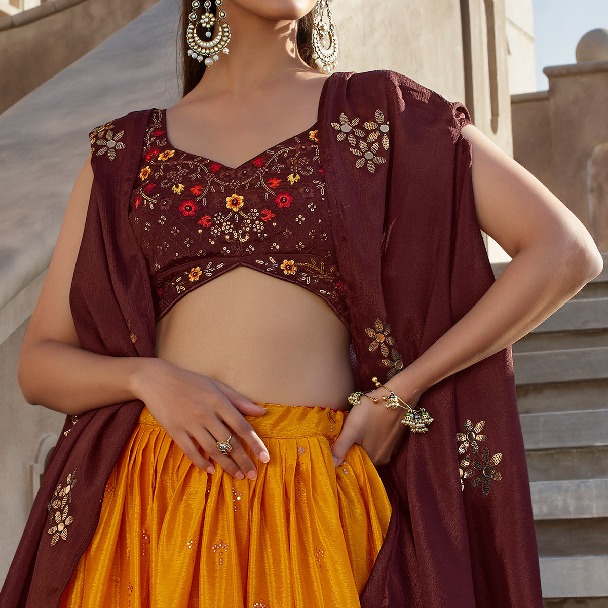 Orange & Wine Embellished Mirror Work Georgette Lehenga Choli