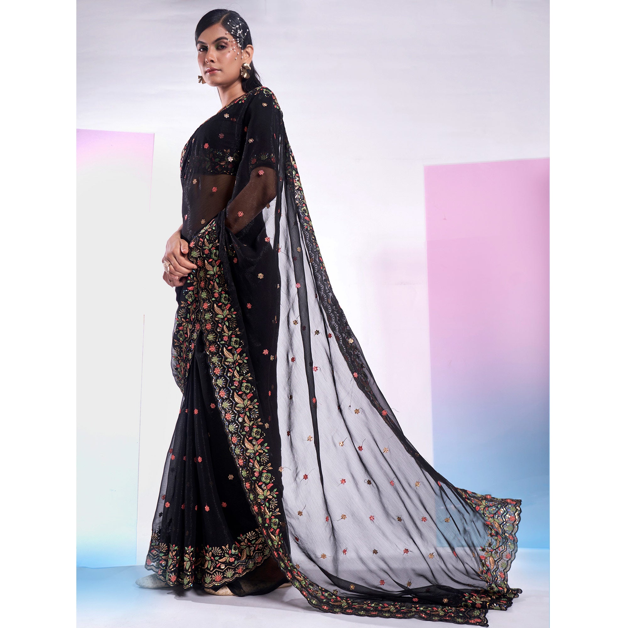Black Floral Embroidered Georgette Saree