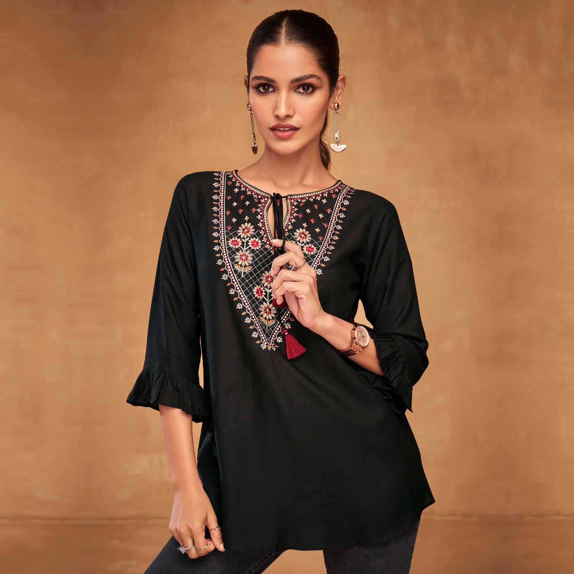 Black Floral Embroidered Rayon Top