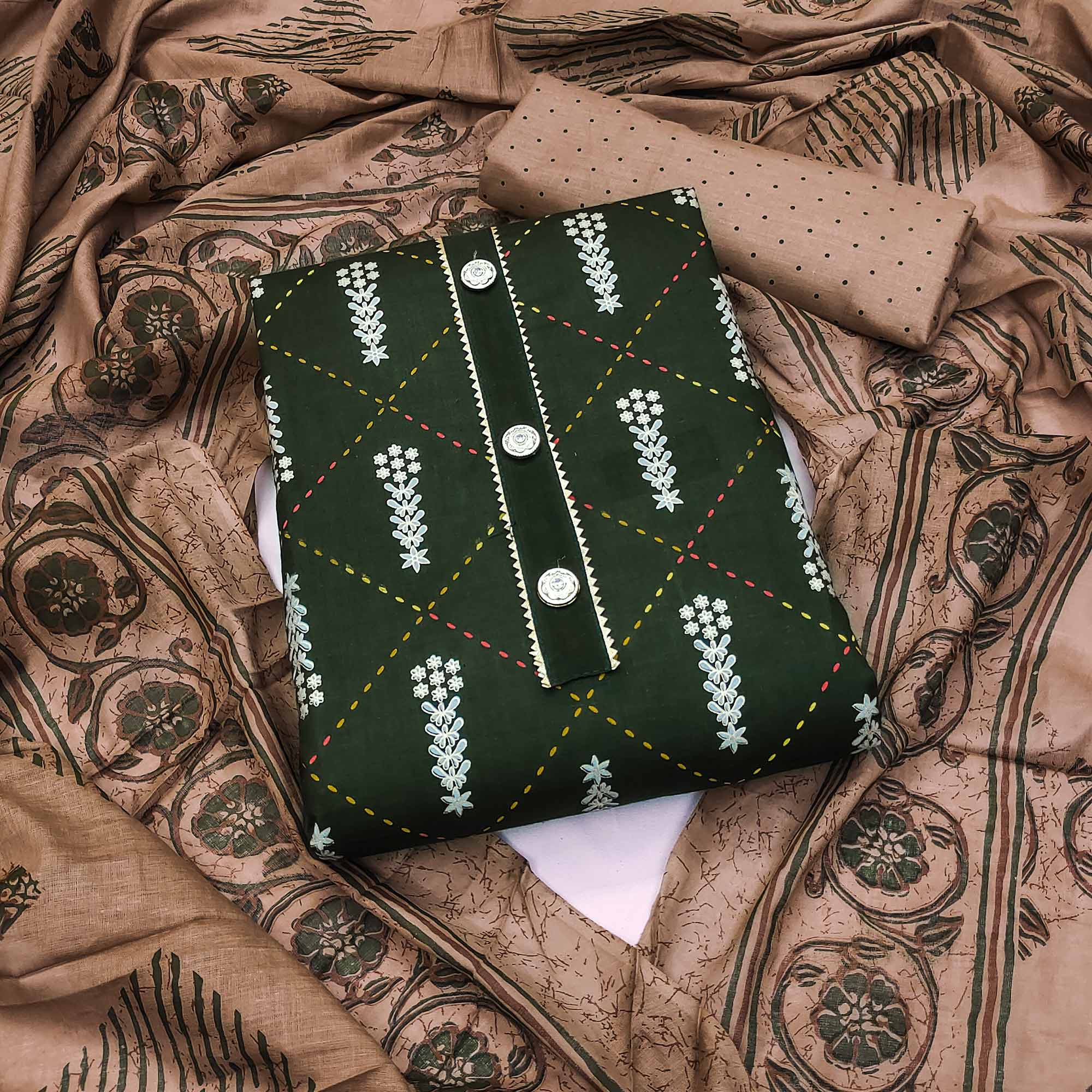 Green Printed Pure Cotton Dress Material