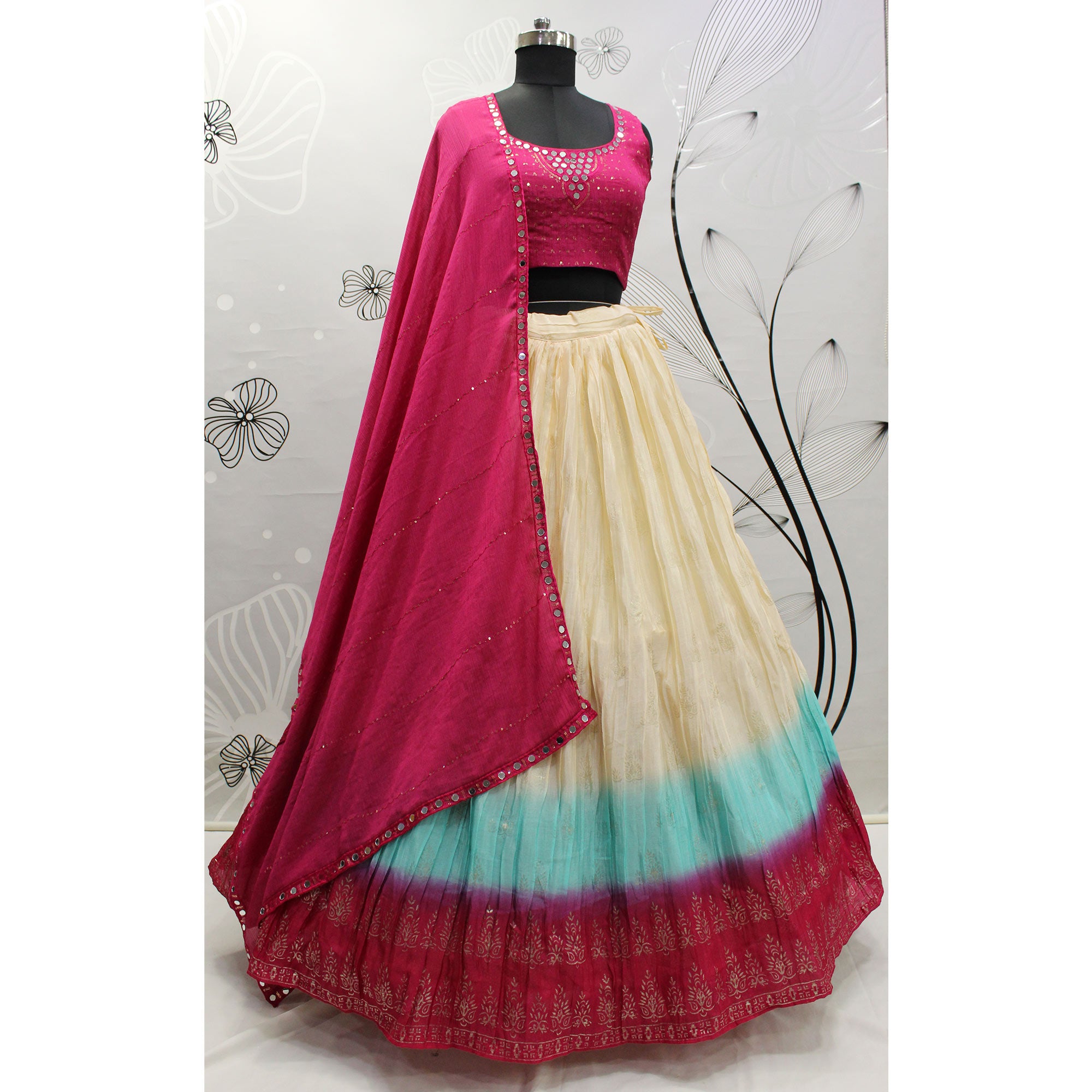 Cream Foil Printed Chiffon Lehenga Choli