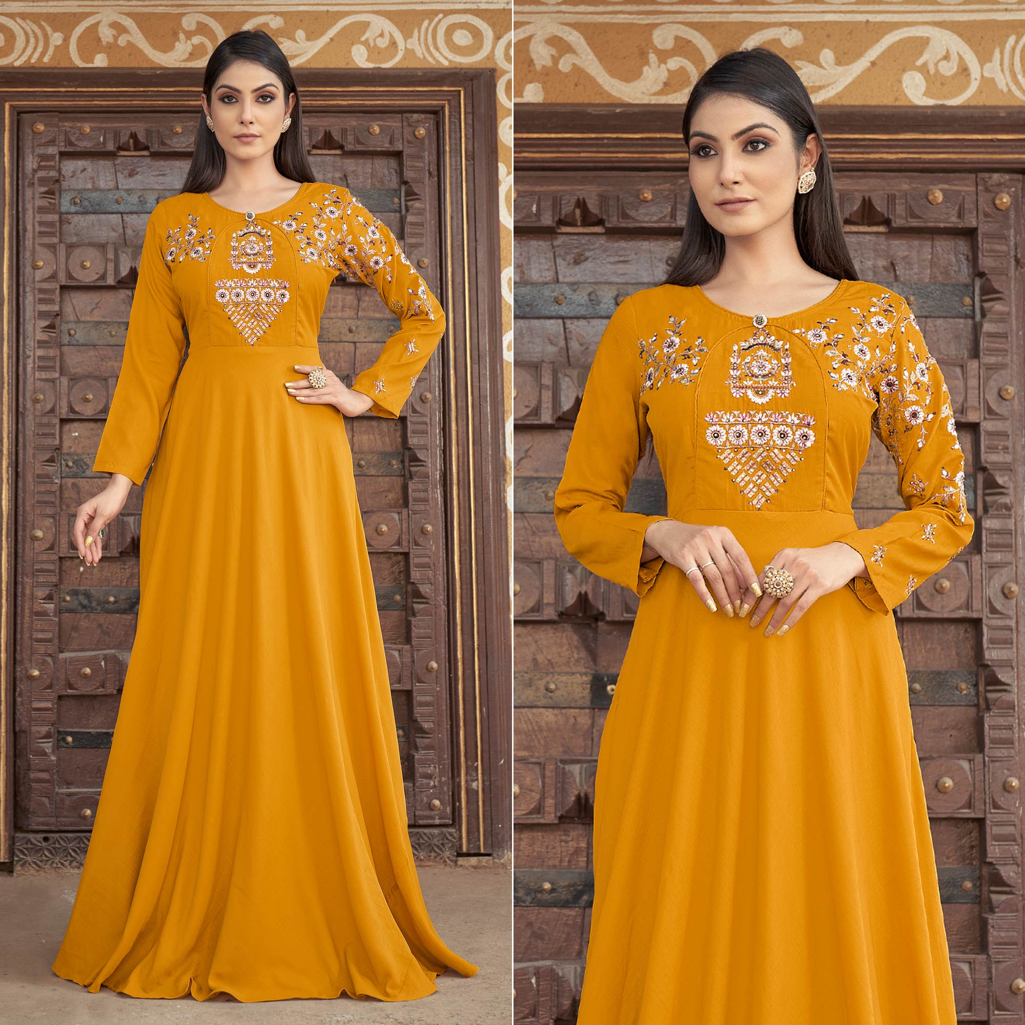 Mustard Floral Embroidered Muslin Gown