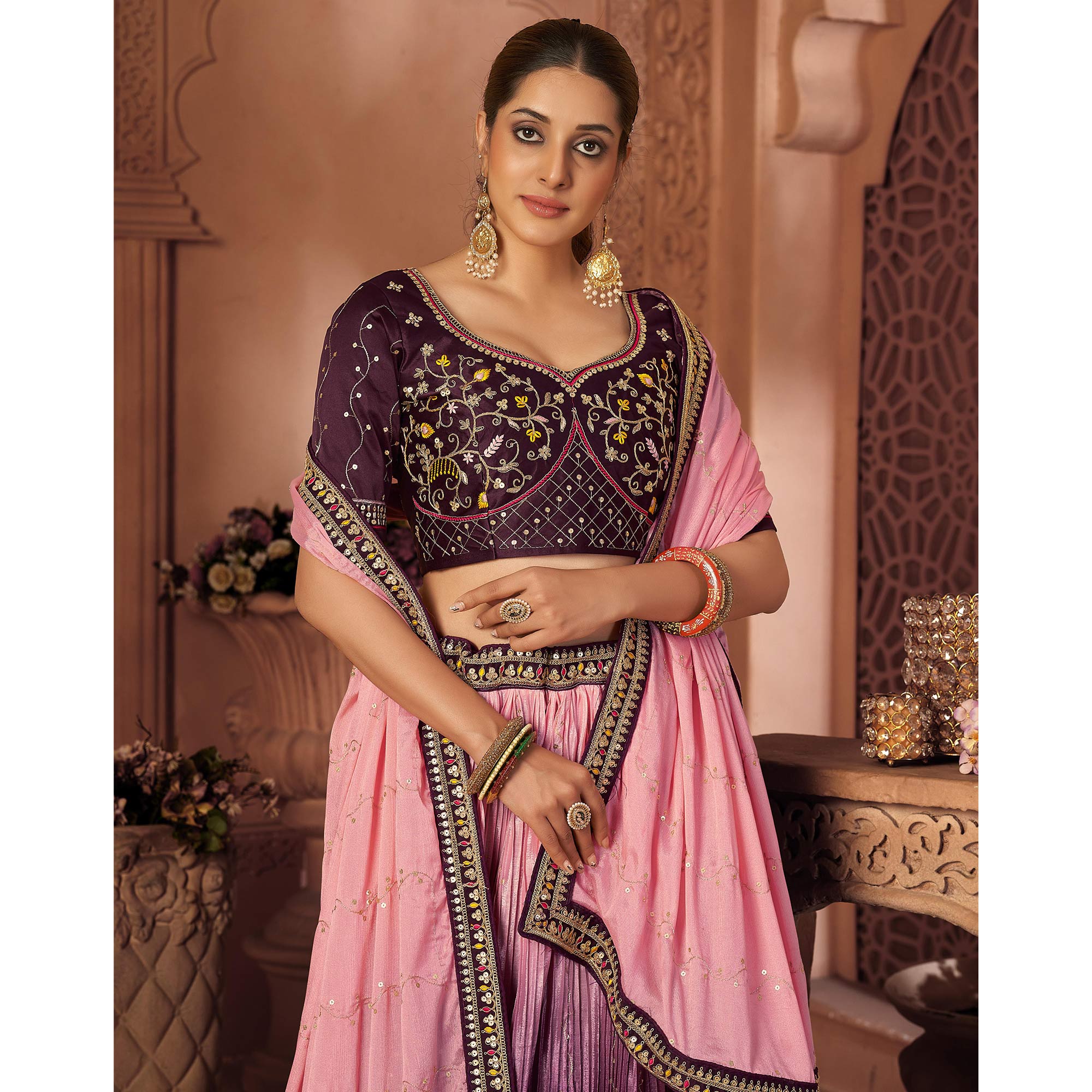 Wine & Pink Sequins Embroidered Chiffon Lehenga Choli