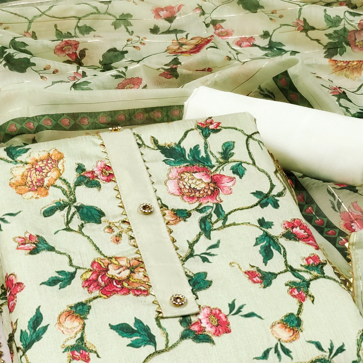 Green Floral Printed Banglori Silk Dress Material