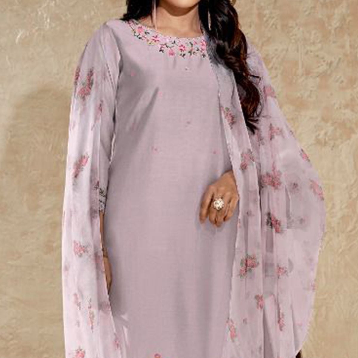 Lavender Floral Embroidered Viscose Suit