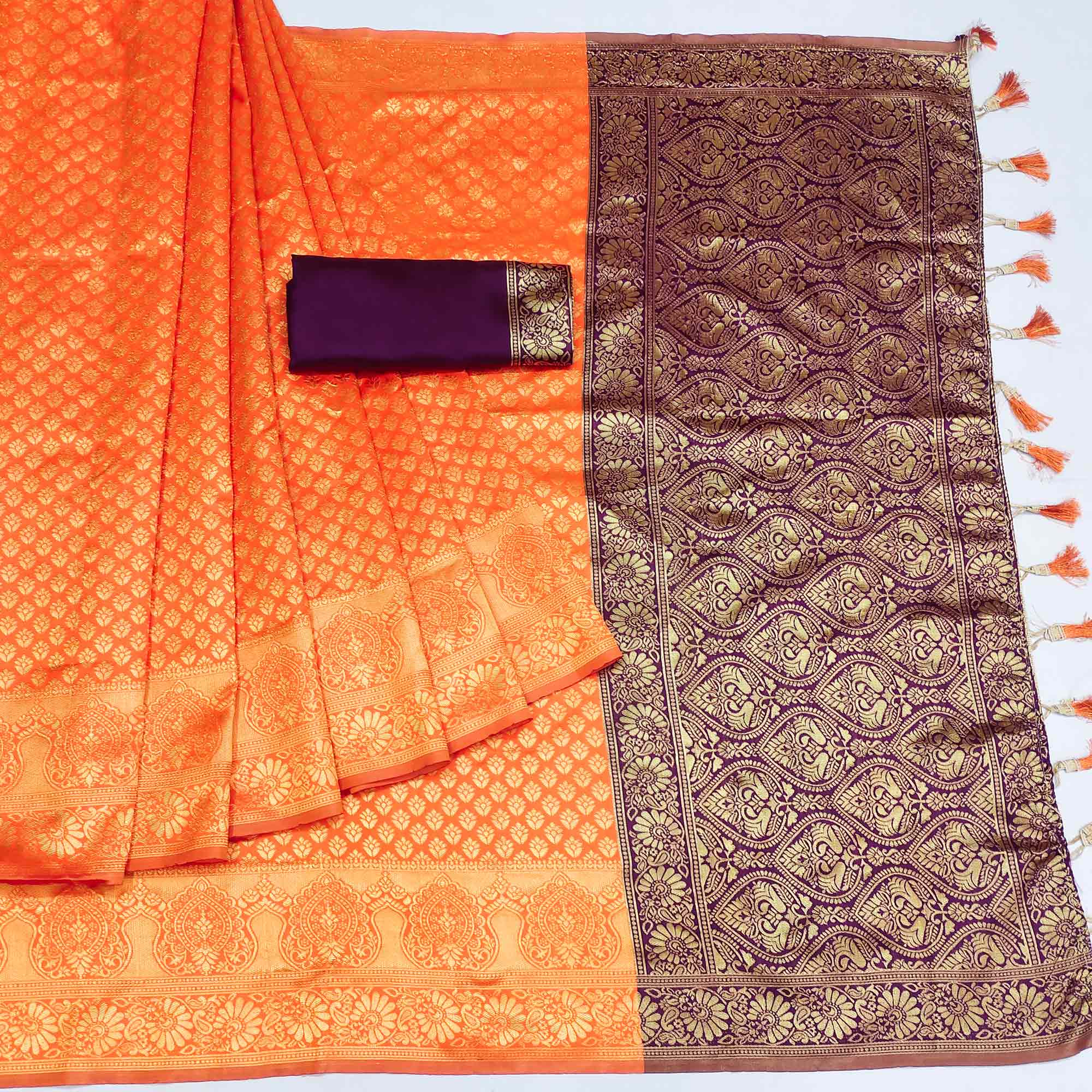Orange Woven Banarasi Silk Saree With Tassels