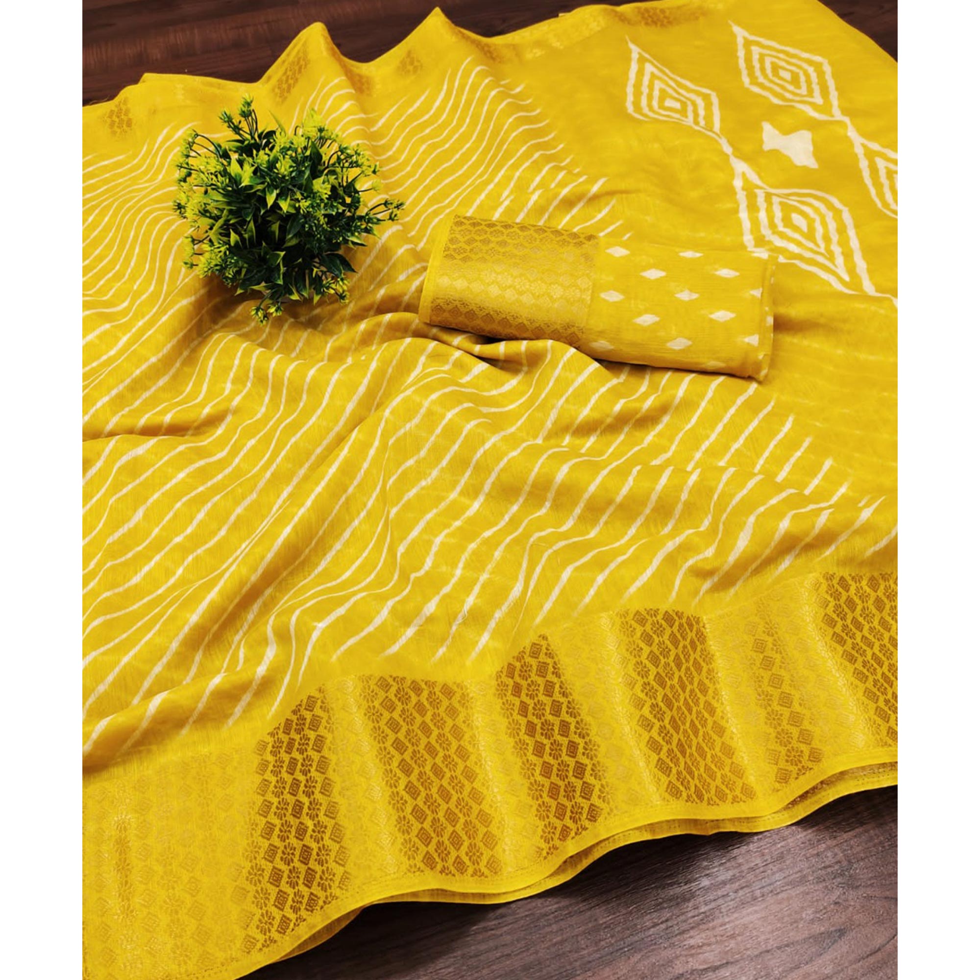 Yellow Striped Printed Linen Saree