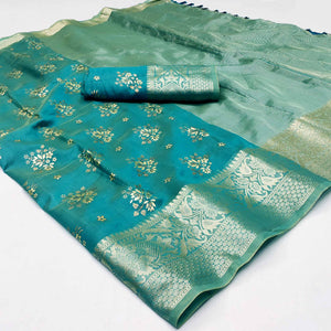 Rama Blue Woven Organza Saree With Tassels