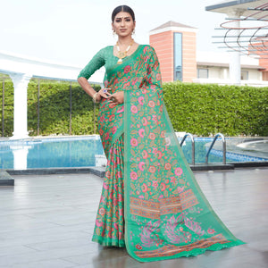 Rama Green Floral Digital Printed Cotton Silk Saree