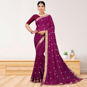 Purple Embroidered Chiffon Saree