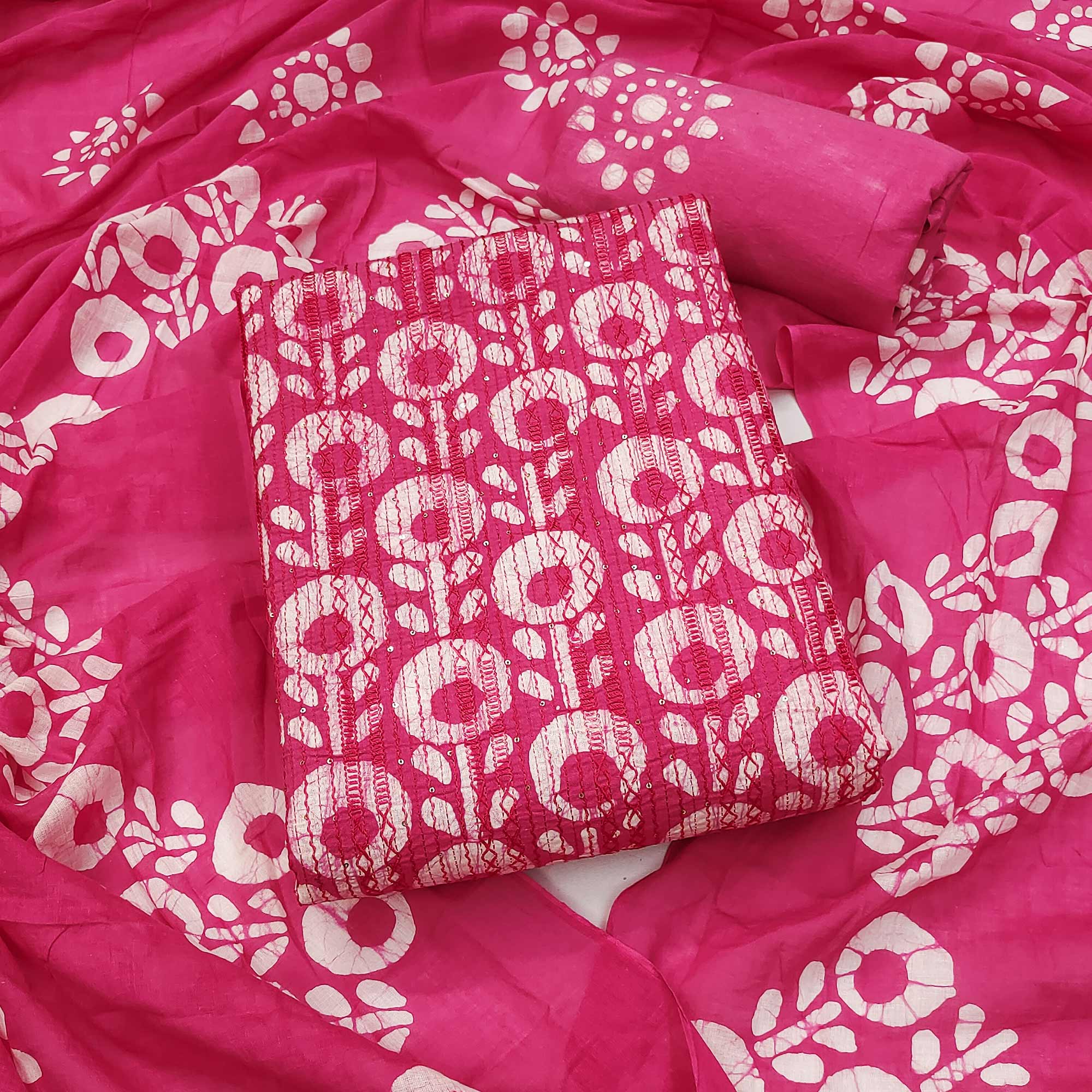Pink Printed & Embroidered Pure Cotton Dress Material