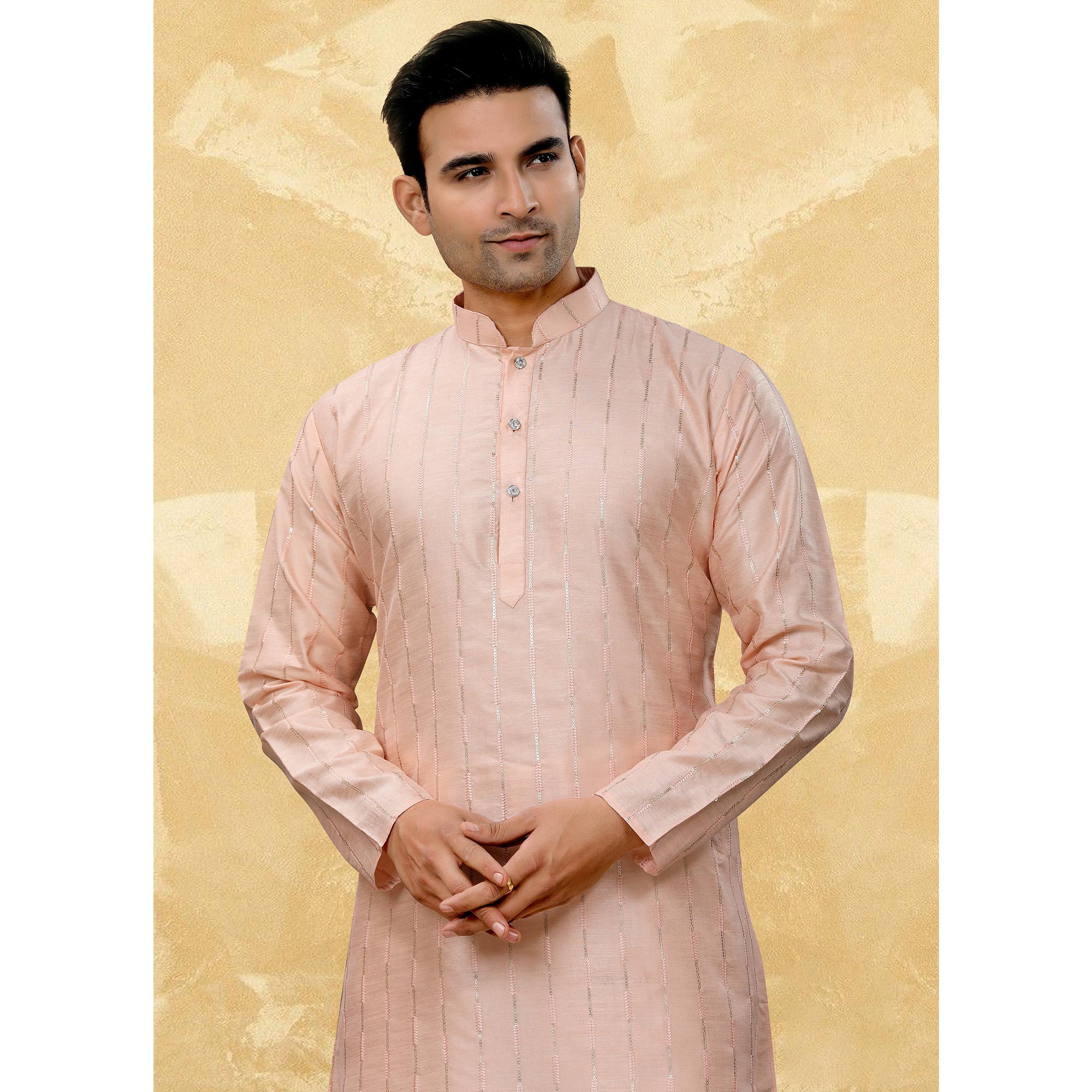 Peach Sequins Embroidered Art Silk Kurta Pyjama Set