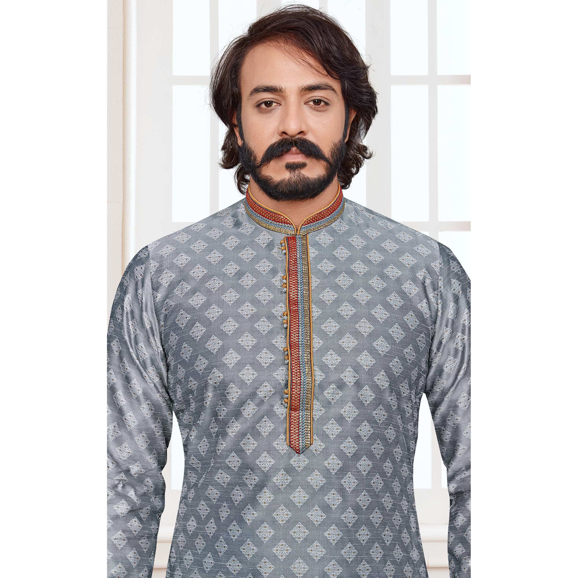 Grey Woven Jacquard Kurta Pyjama Set