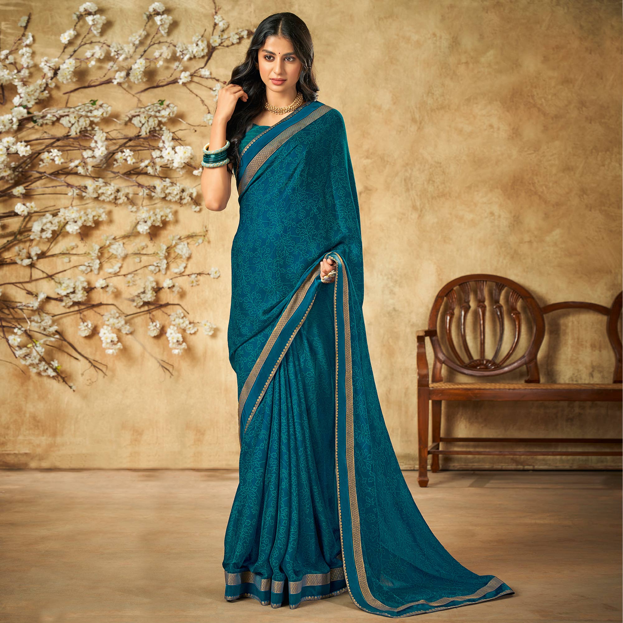 Blue Printed Chiffon Saree With Brocade Lace