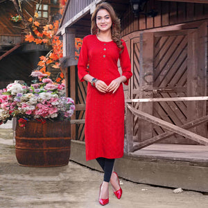 Red Sequins Embroidered Rayon Kurti