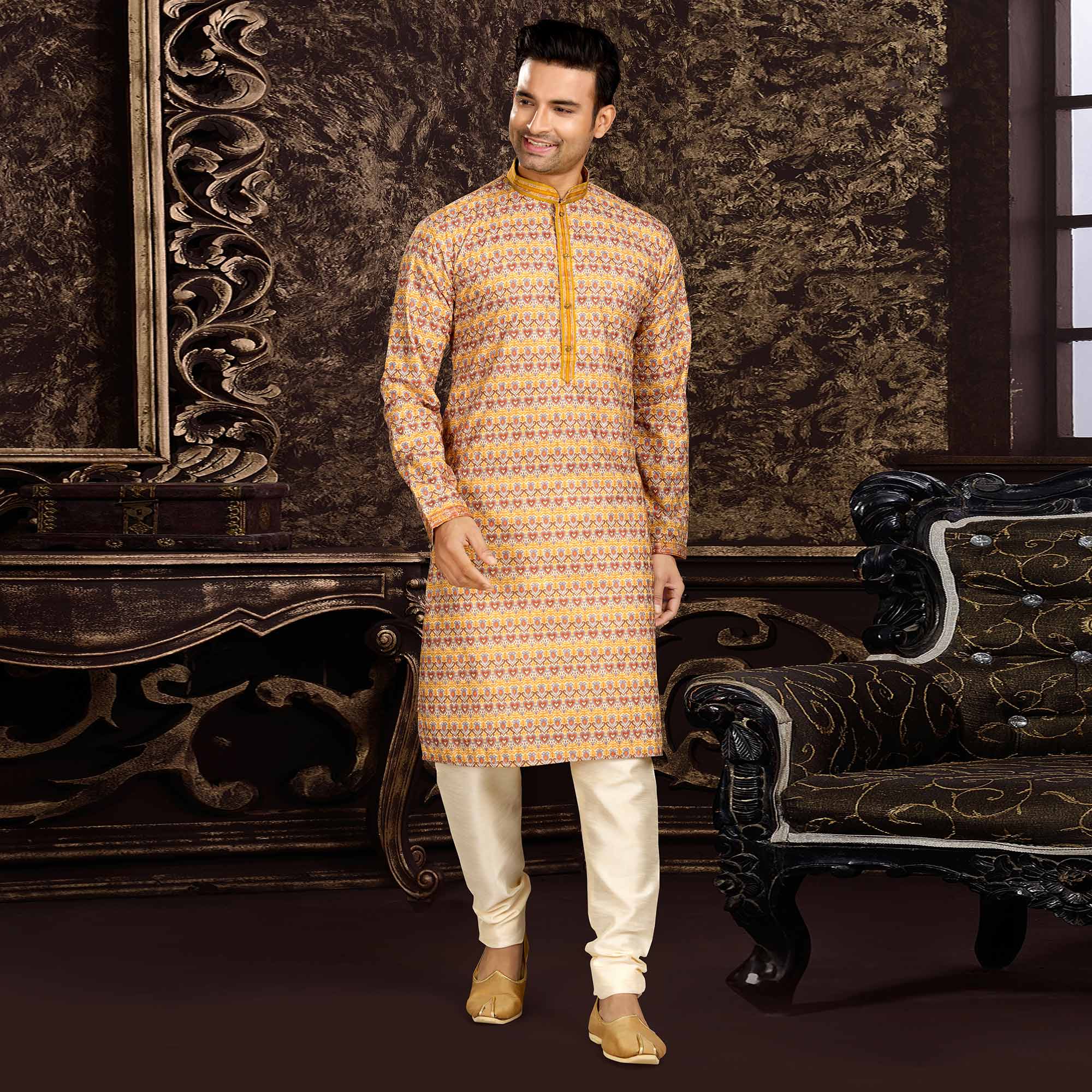 Yellow Lucknowi And Digital Printed Cotton Kurta Pyjama Set