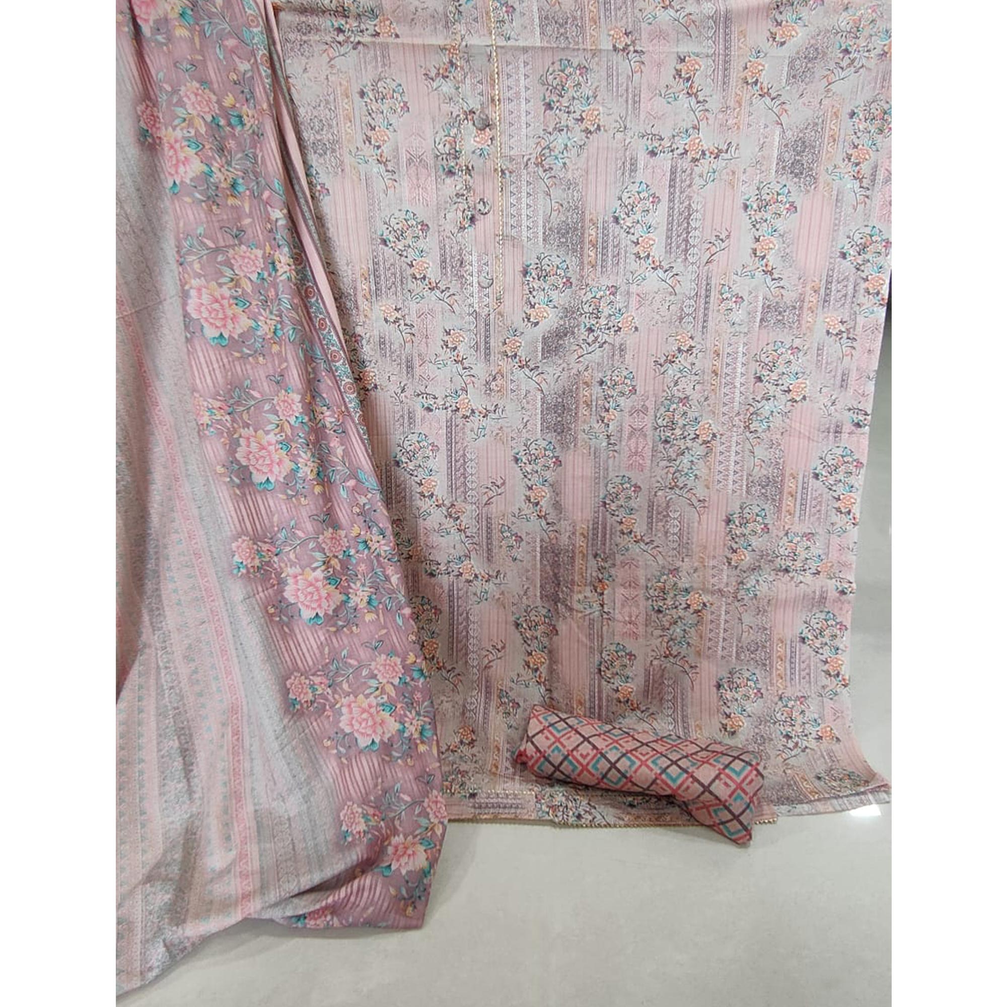 Peach Floral Printed Cotton Blend Dress Material