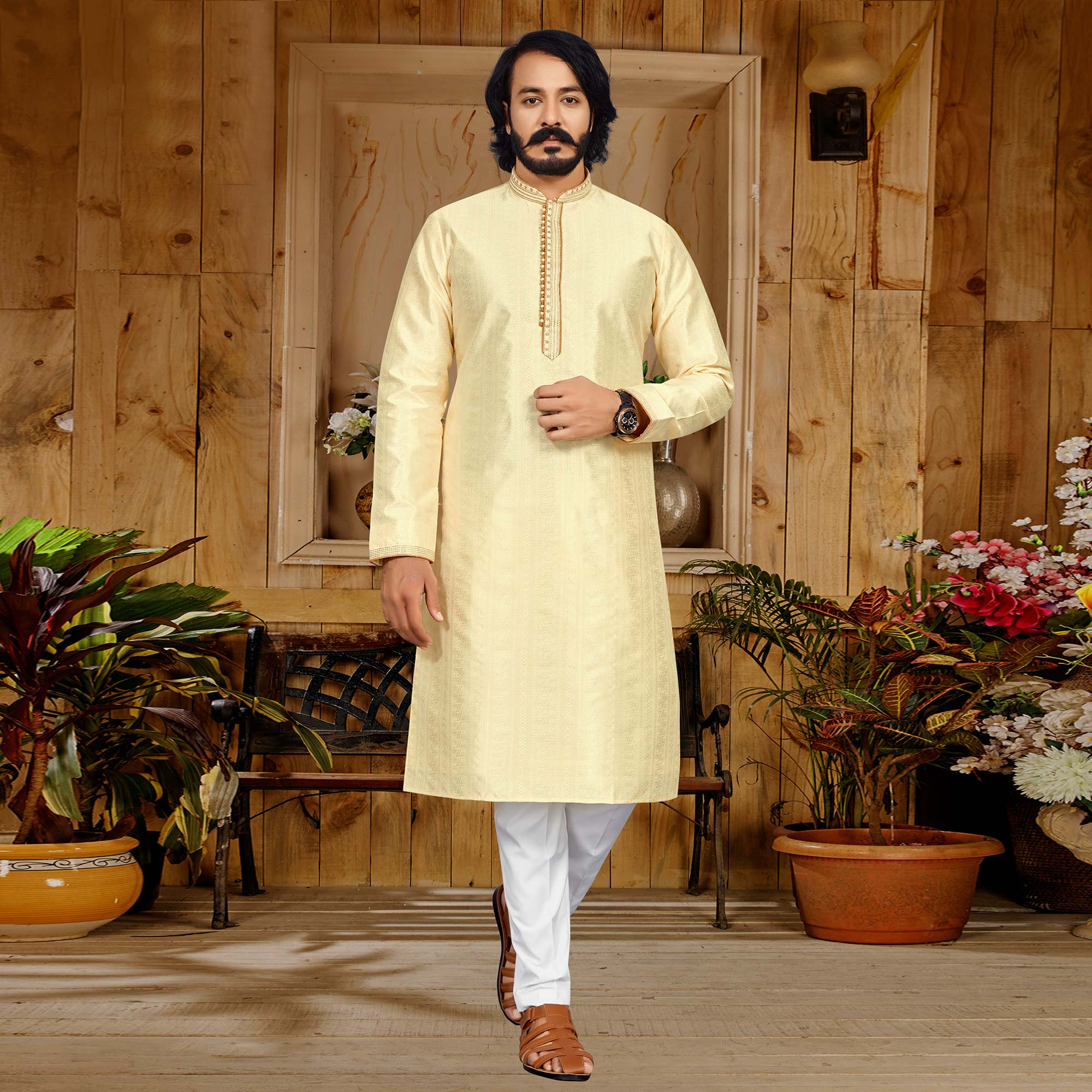 Light Yellow Woven Jacquard Kurta Pyjama Set