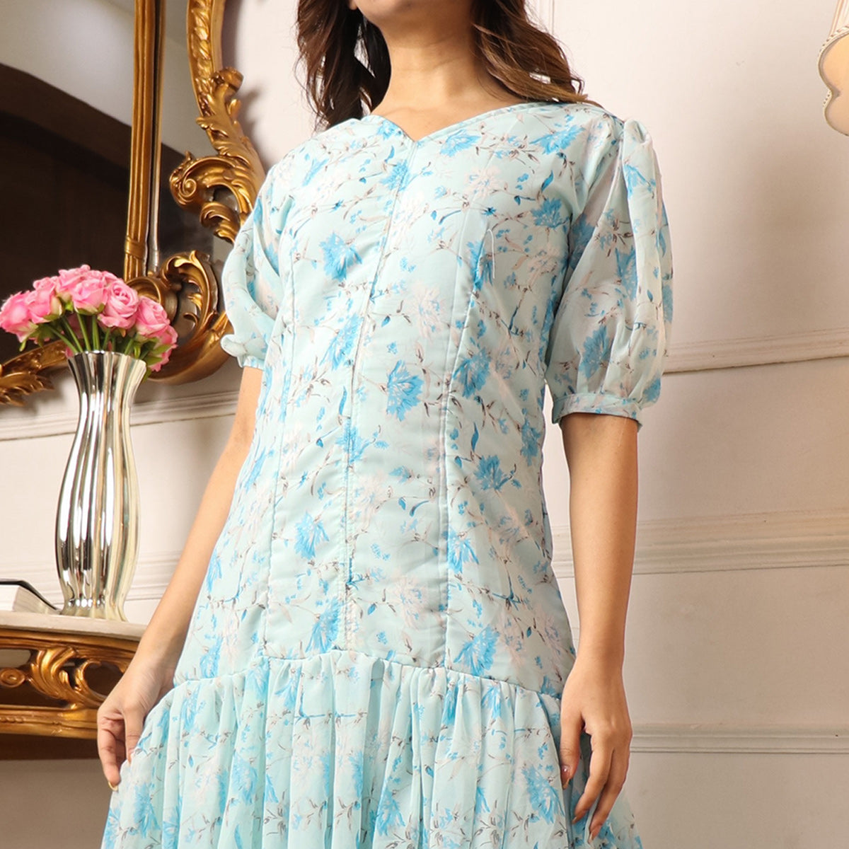 Light Blue Floral Printed Georgette Dress