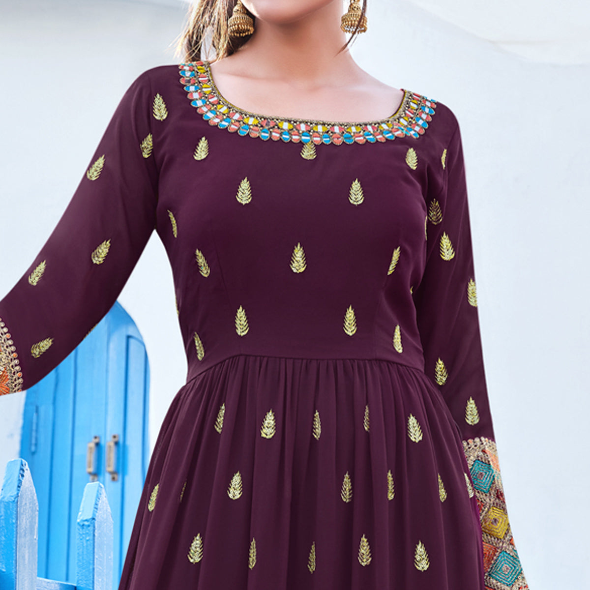 Wine Sequins Embroidered Georgette Naira Cut Suit