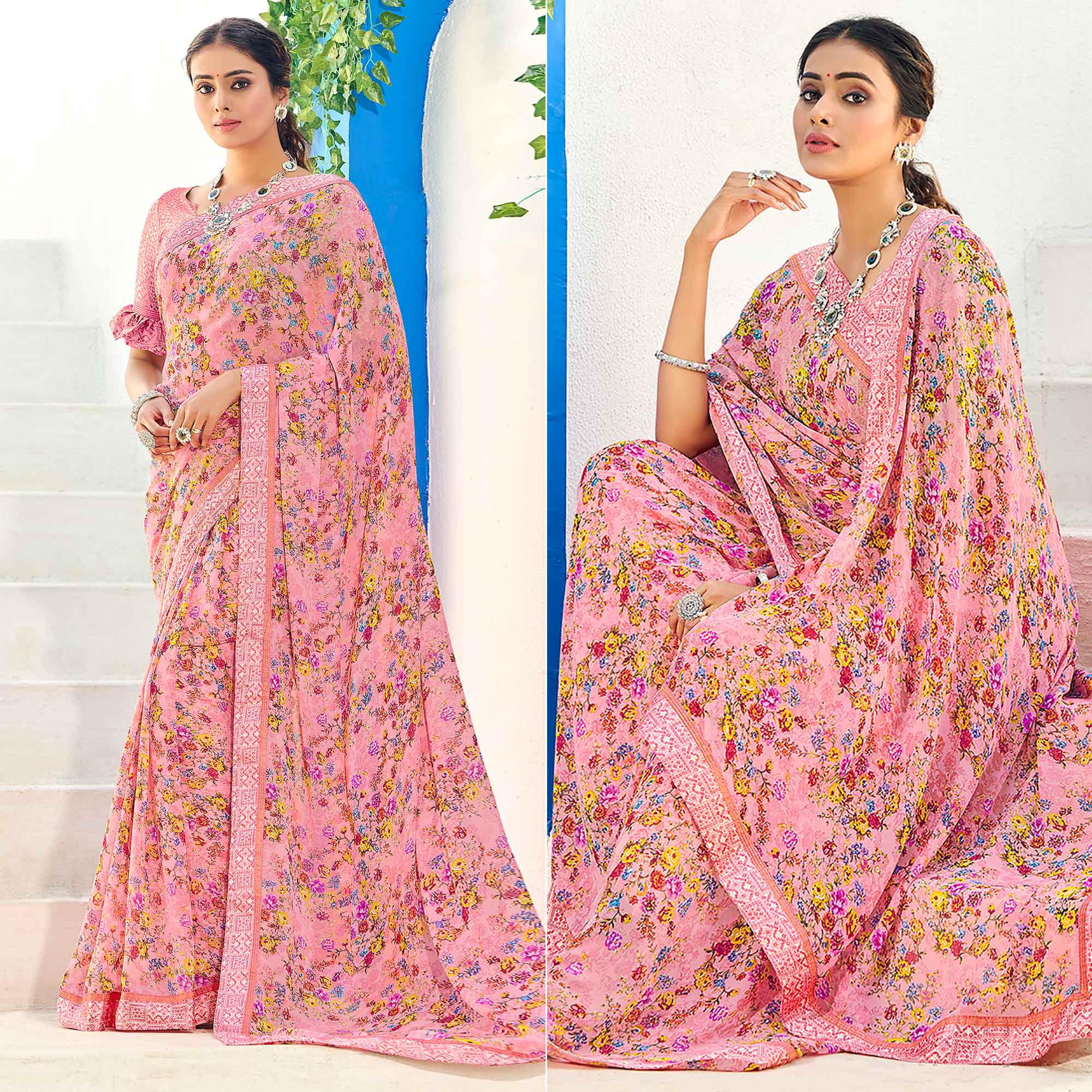 Peach Georgette Printed Saree with Pearl Lace Border