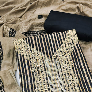Black Printed With Sequins Embroidered Pure Cotton Dress Material