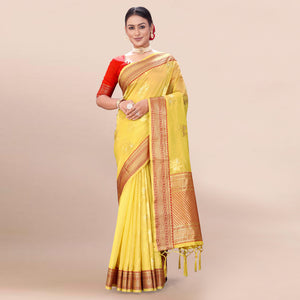 Yellow Woven Organza Saree With Tassels