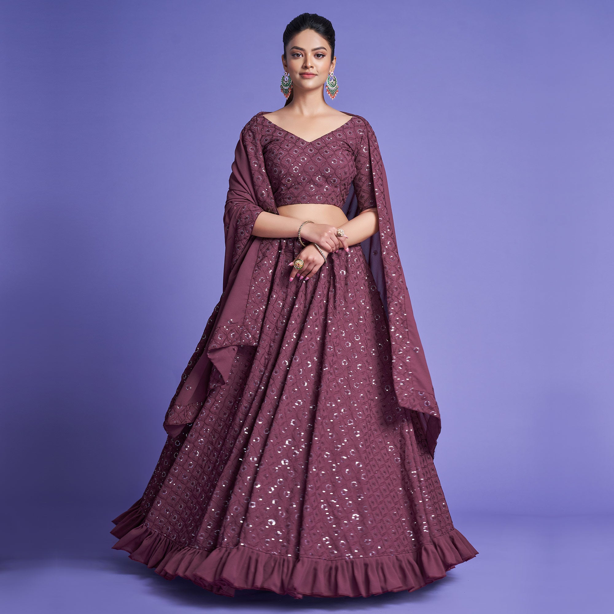 Mauve Sequins Embroidered Georgette Lehenga Choli