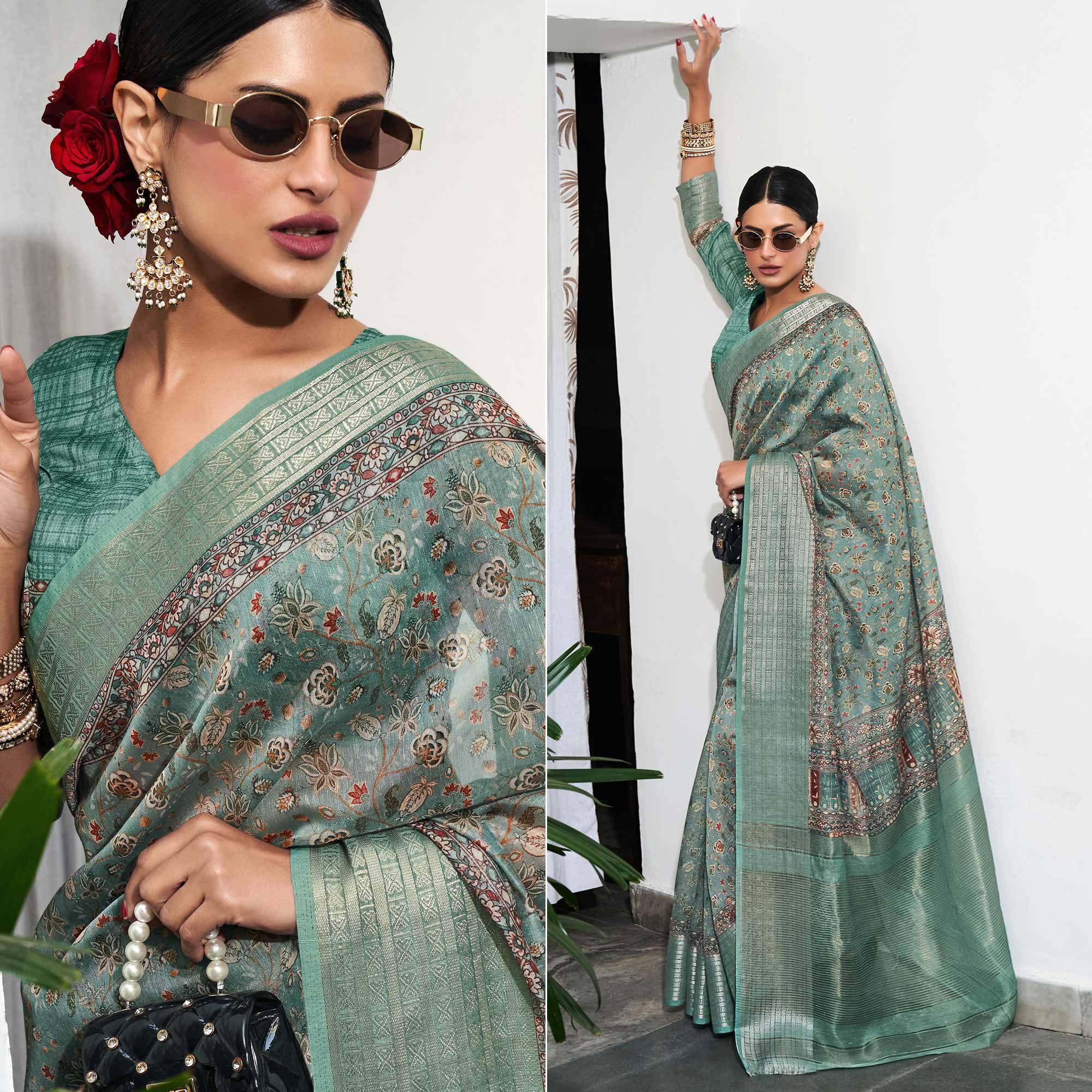 Sea Green Digital Printed Linen Saree