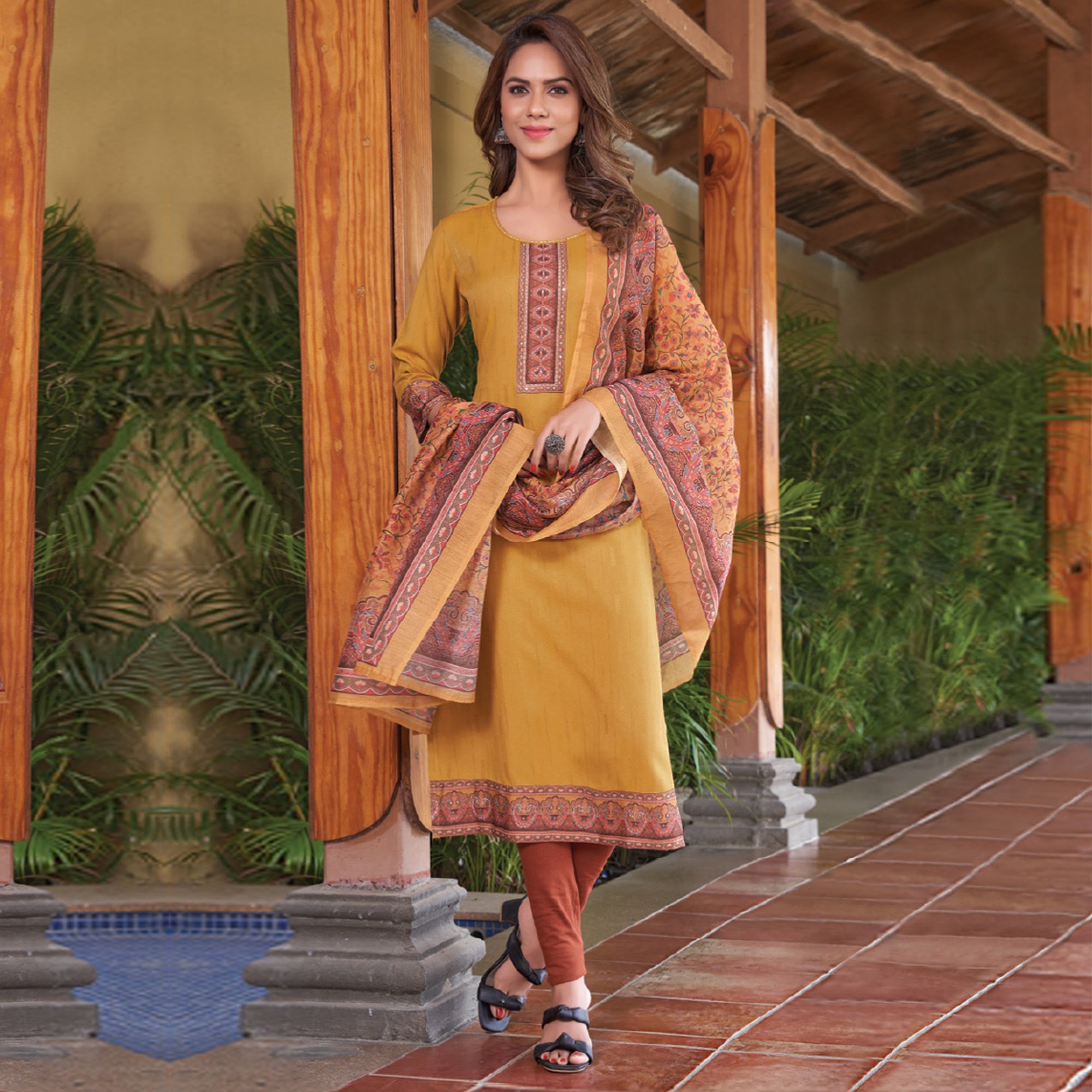Mustard Embroidered Rayon Kurti With Dupatta