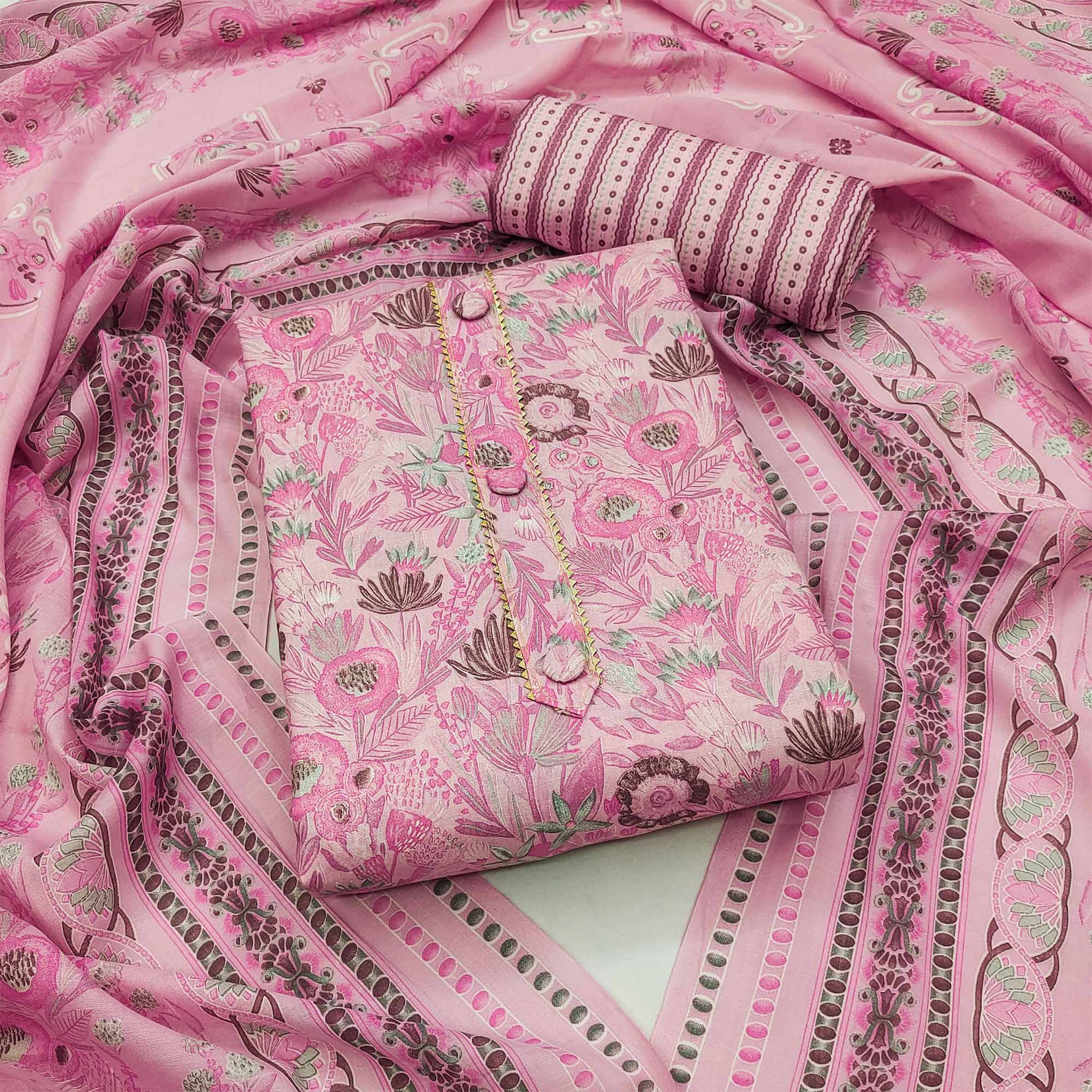 Pink Floral Printed Cotton Blend Dress Material