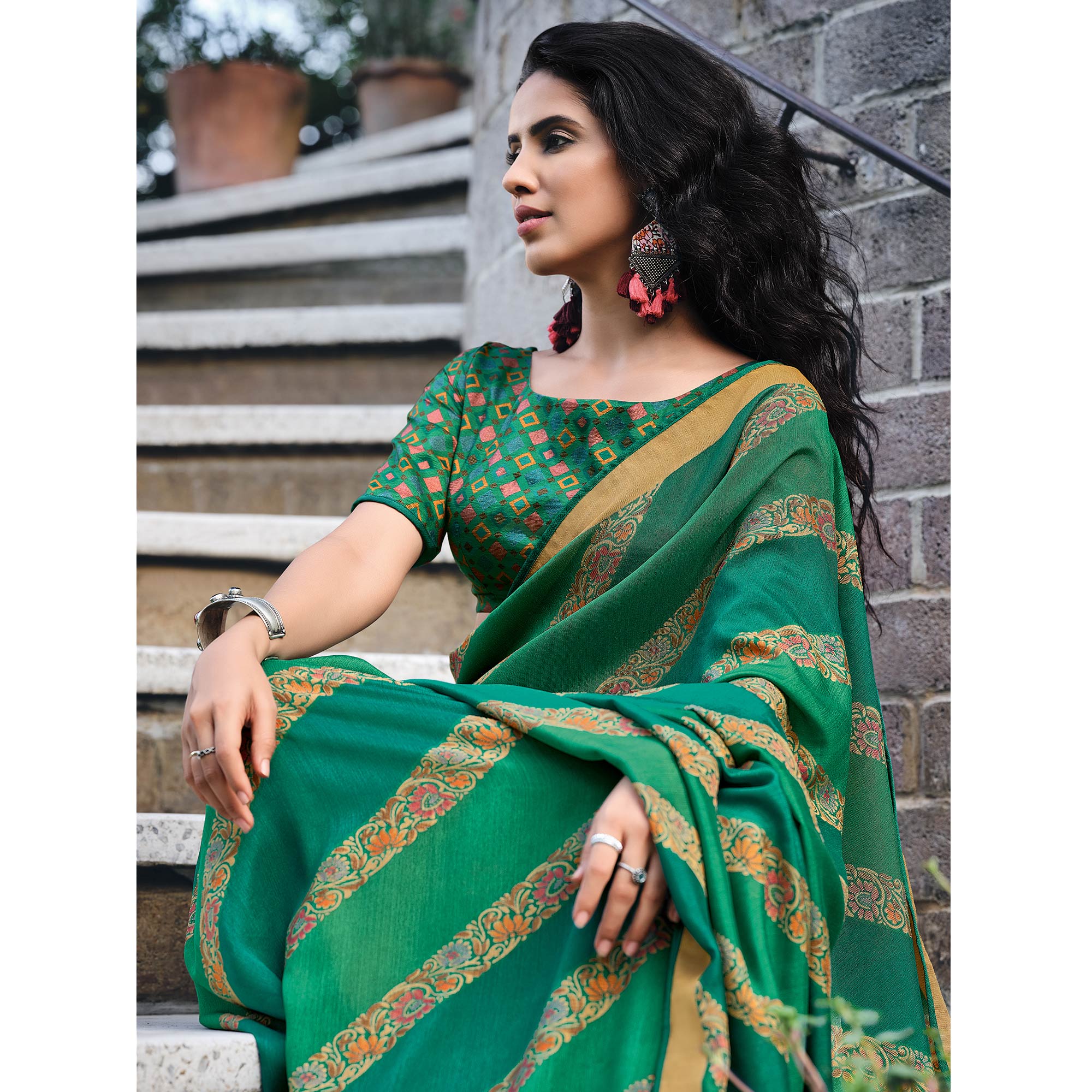 Green Floral Printed Raw Silk Saree