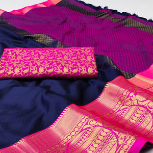 Navy Blue Woven Cotton Silk Saree With Tassels