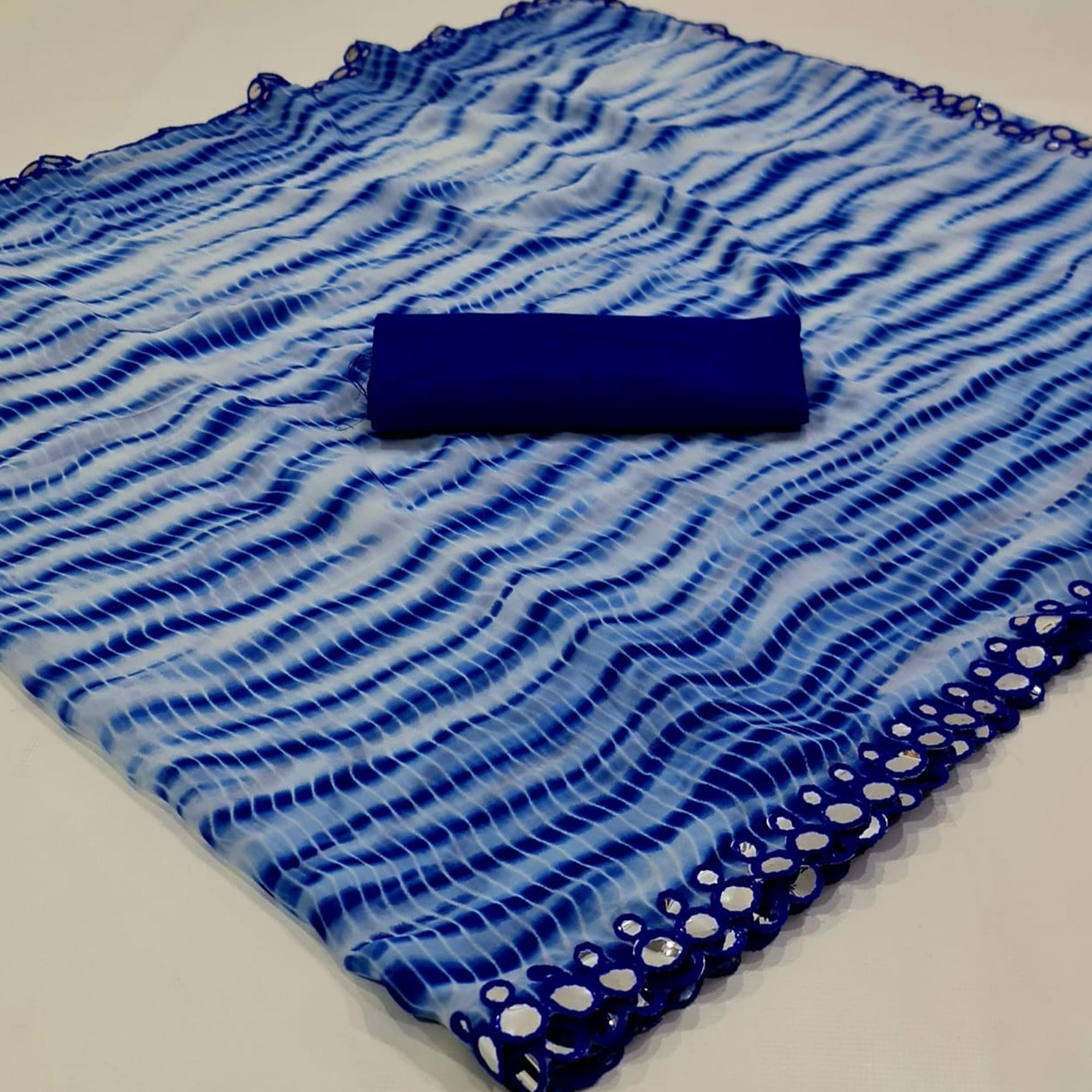 Blue Printed With Fancy Mirror Georgette Saree