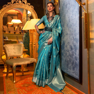 Aqua Blue Woven Organza Saree With Tassels