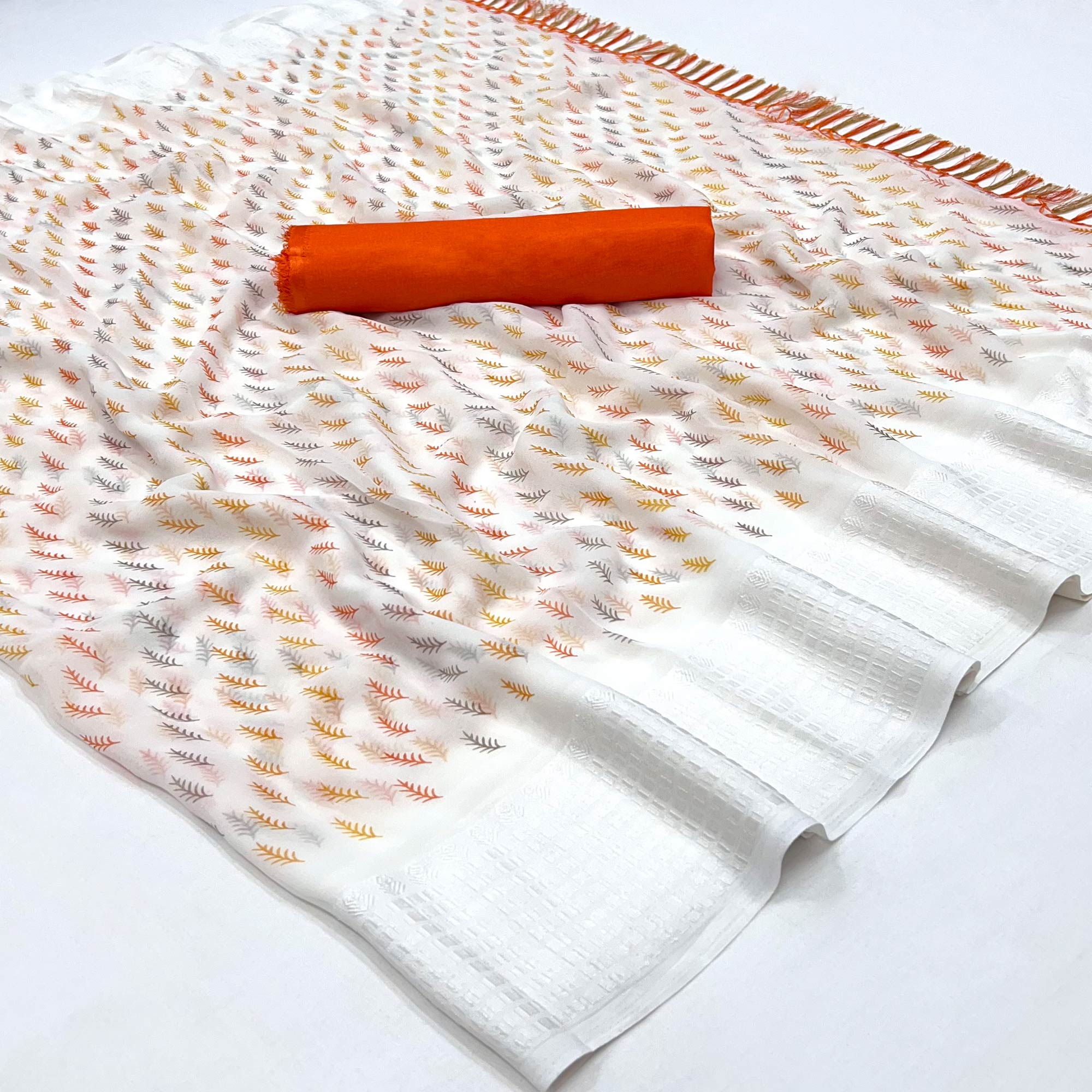 White Printed With Checks Border Georgette Saree