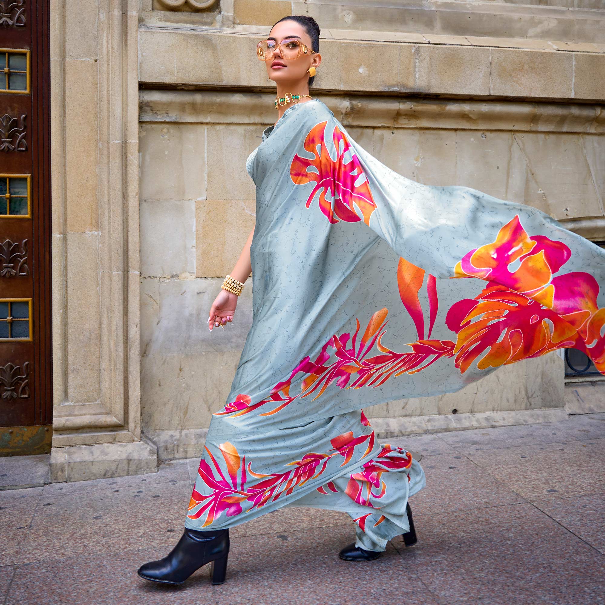 Aqua Blue Printed Crepe Saree