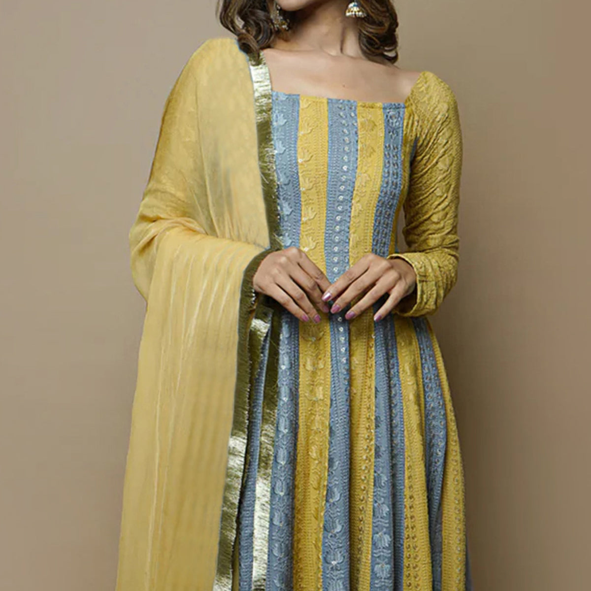 Grey & Green Lucknowi Chikankari Work Rayon Gown