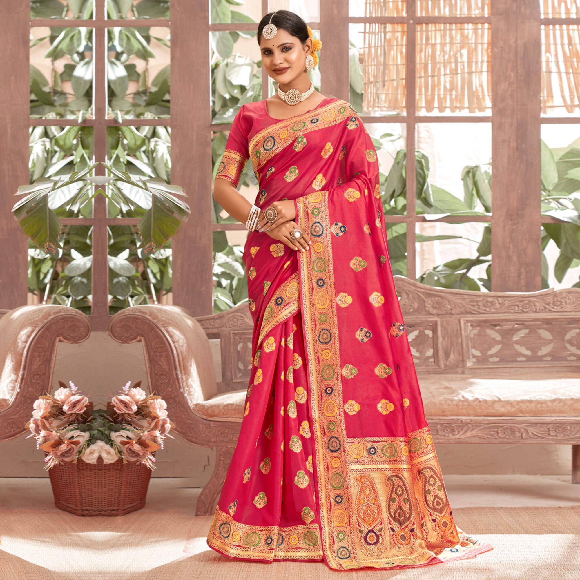 Pink Woven Art Silk Saree