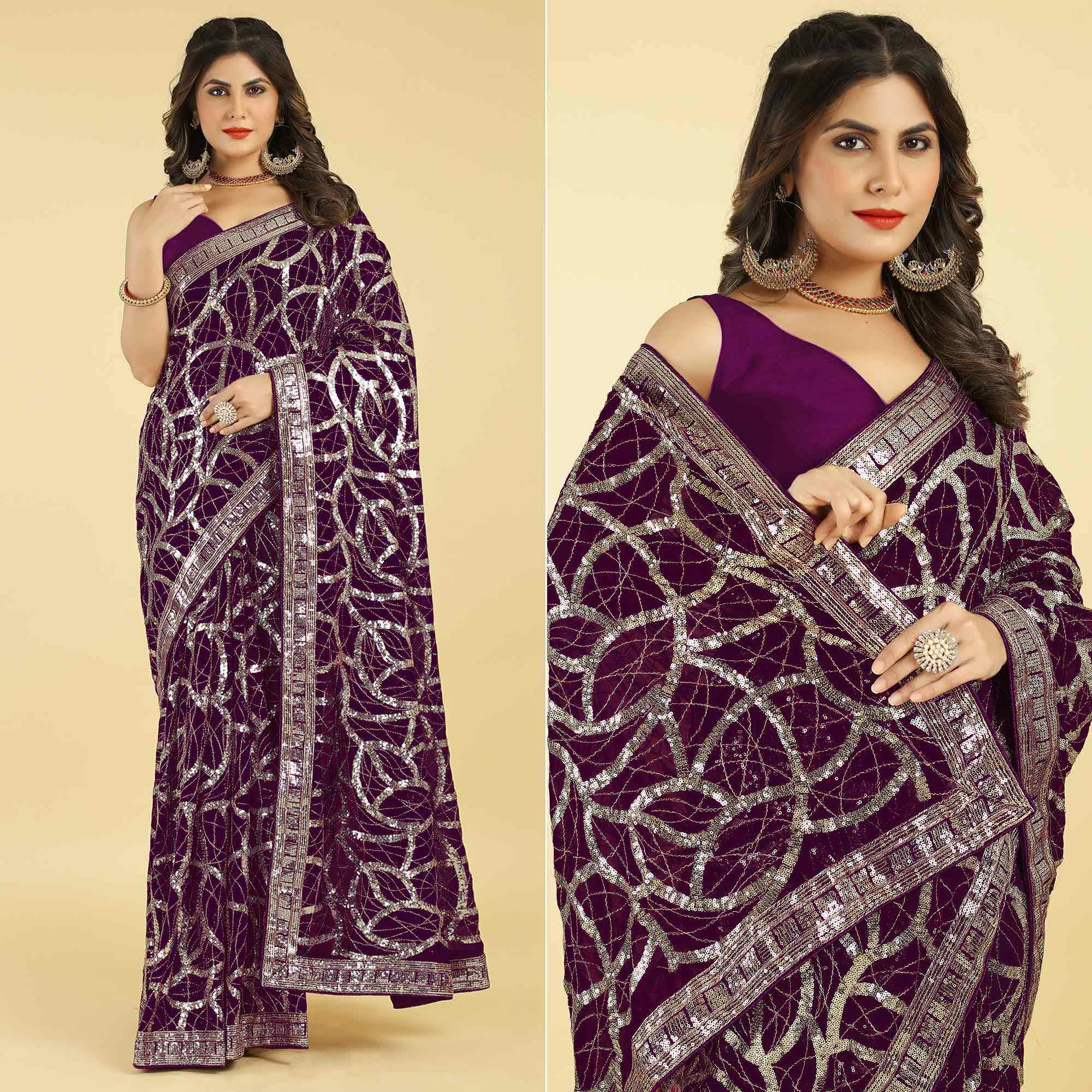 Wine Sequins Work Georgette Saree