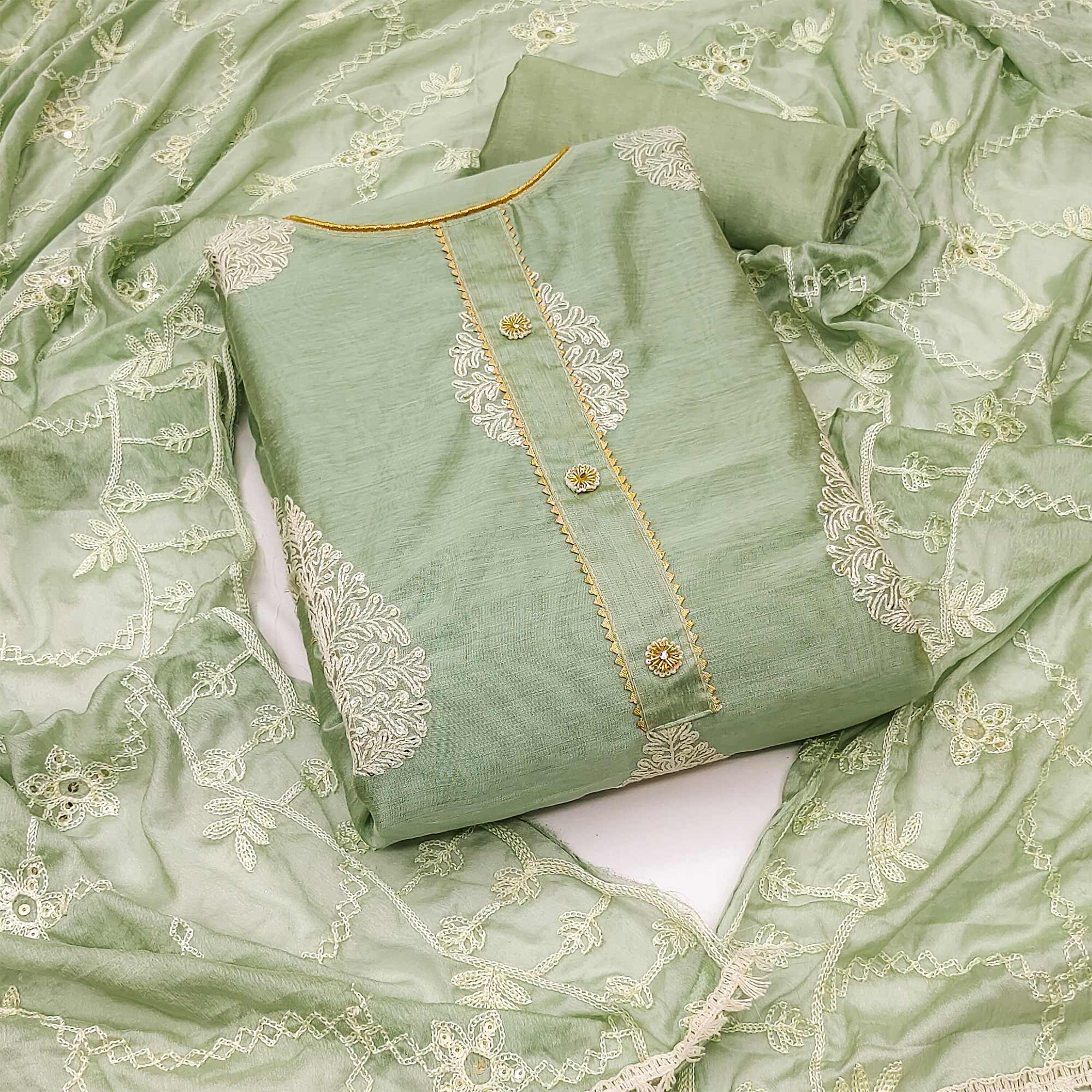 Green Embroidered Chanderi Dress Material