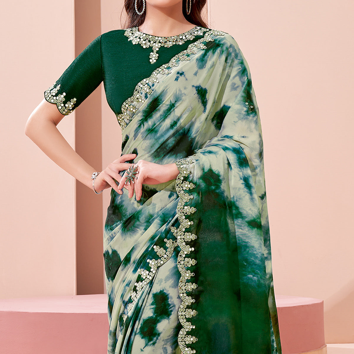 Beige & Green Printed With Mirror Work Georgette Saree