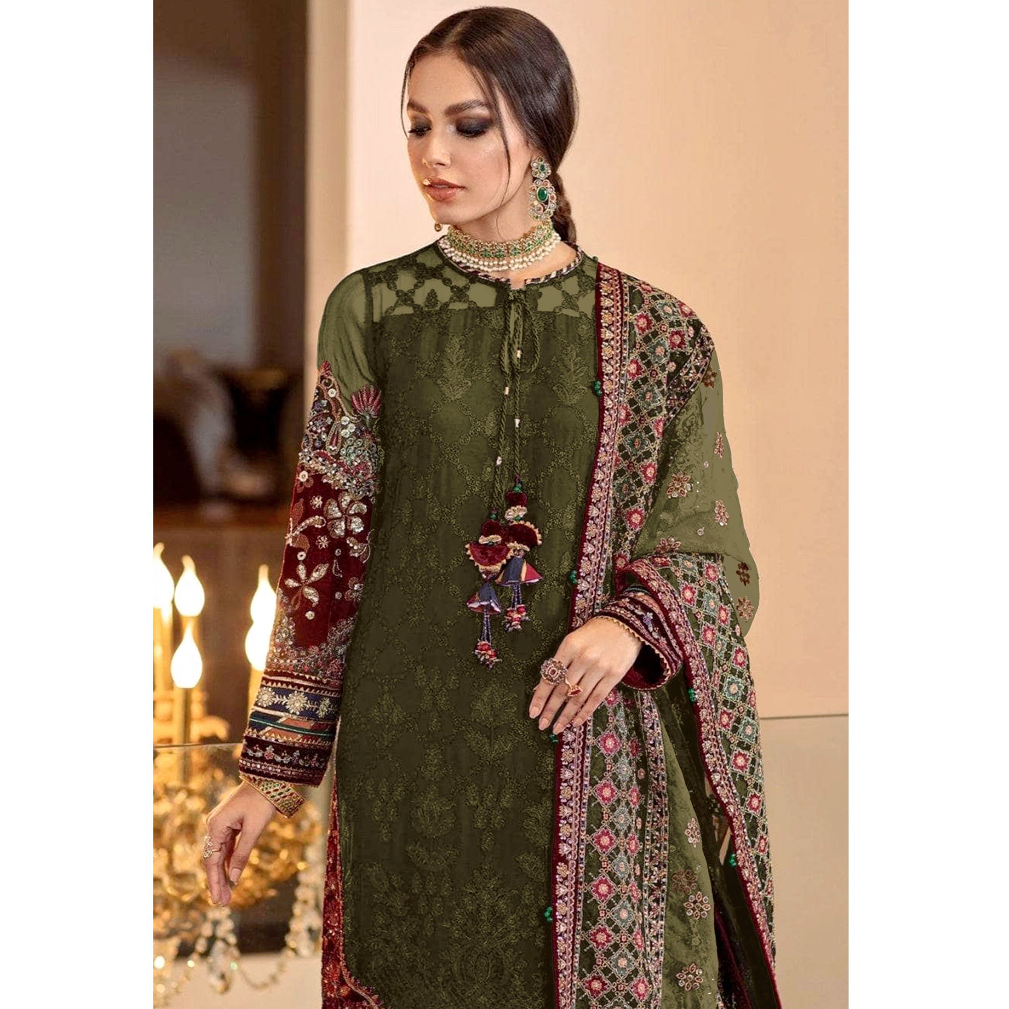 Mehendi Green Sequins Embroidered Georgette Pakistani Suit
