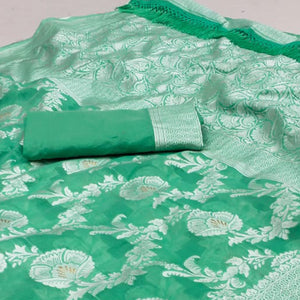 Sea Green Woven Cotton Blend Saree With Tassels