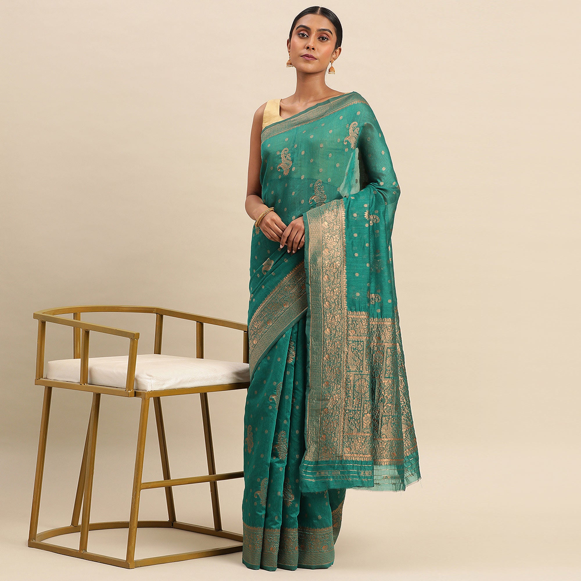 Turquoise Green Woven Organza Saree