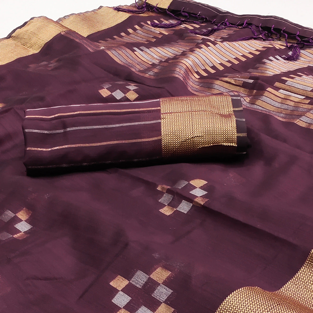 Wine Woven Khaadi Saree With Tassels
