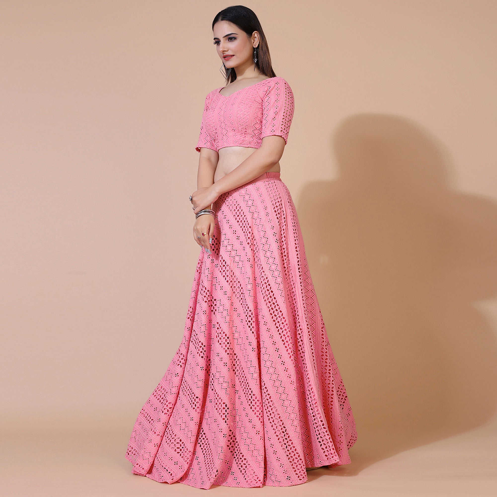 Pink Lucknowi Chikankari Work Rayon Lehenga Choli