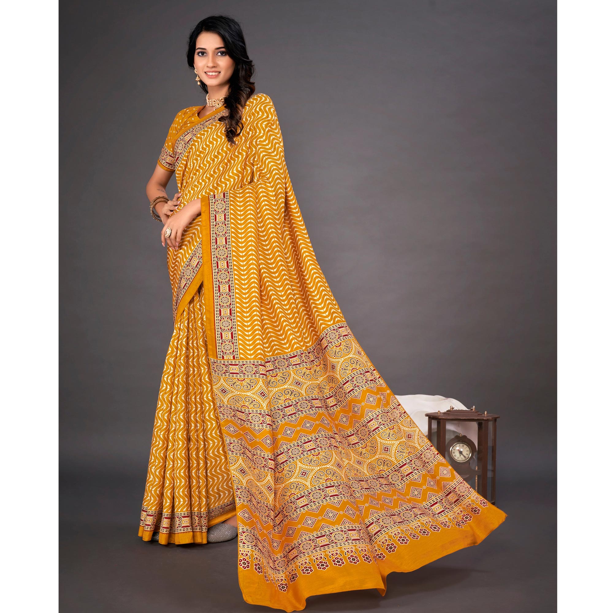 Mustard Printed Dola Silk Saree